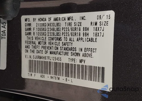 2015 Honda Cr-V Touring z USA, uszkodzony, nr VIN 5J6RM4H97FL125455